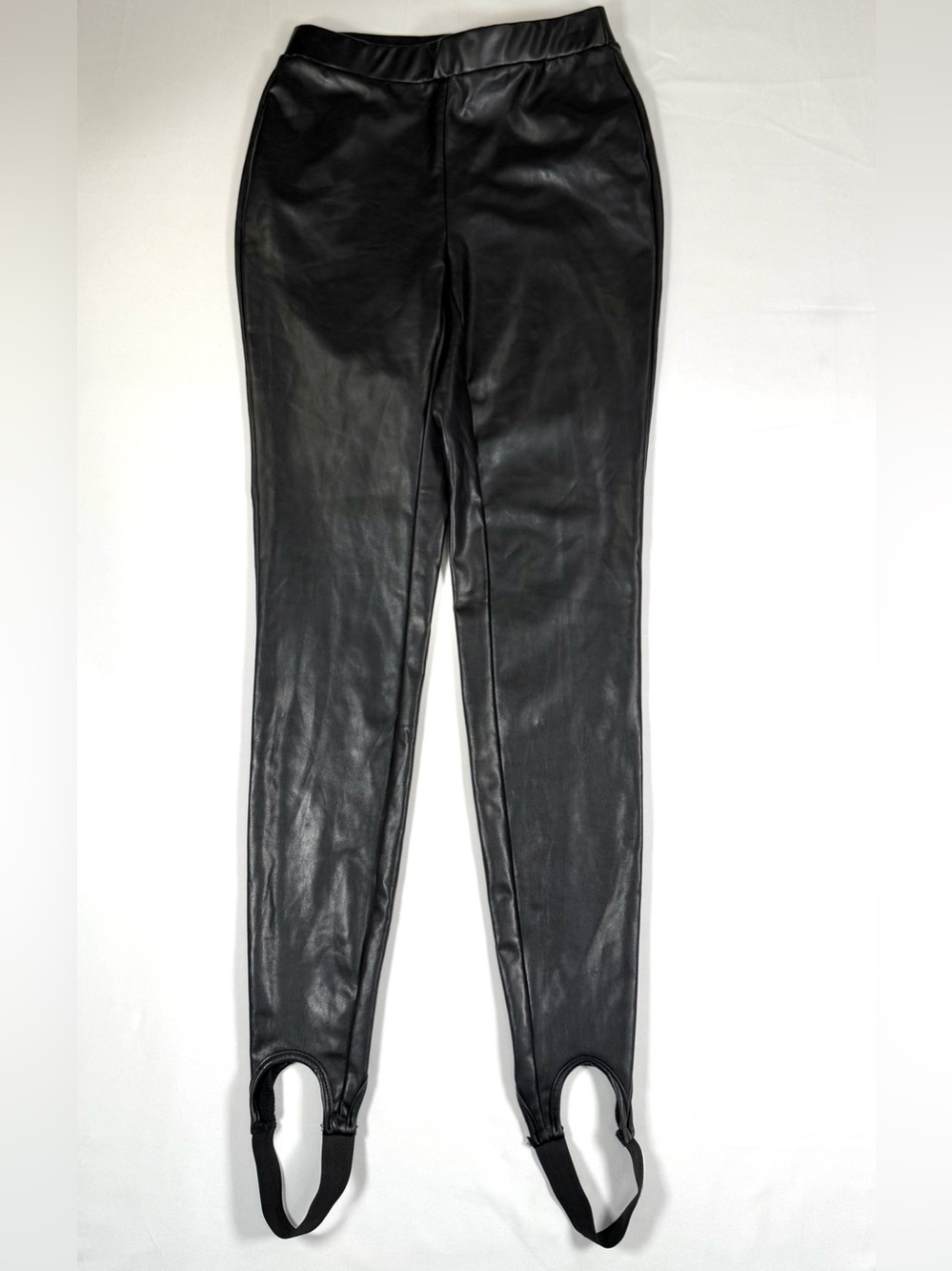 CALVIN KLEIN Faux Leather Stirrup Leggings Black Moto Punk Goth Size 0 Y2K Chic
